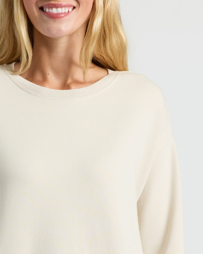 Woman wearing Womens Oatmeal Slouch Pullover Crew from 2-Pack set.