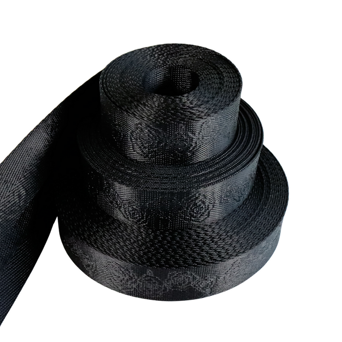 1" Black Debossed Roses | Webbing - 3, 5, or 10 Yard Cut