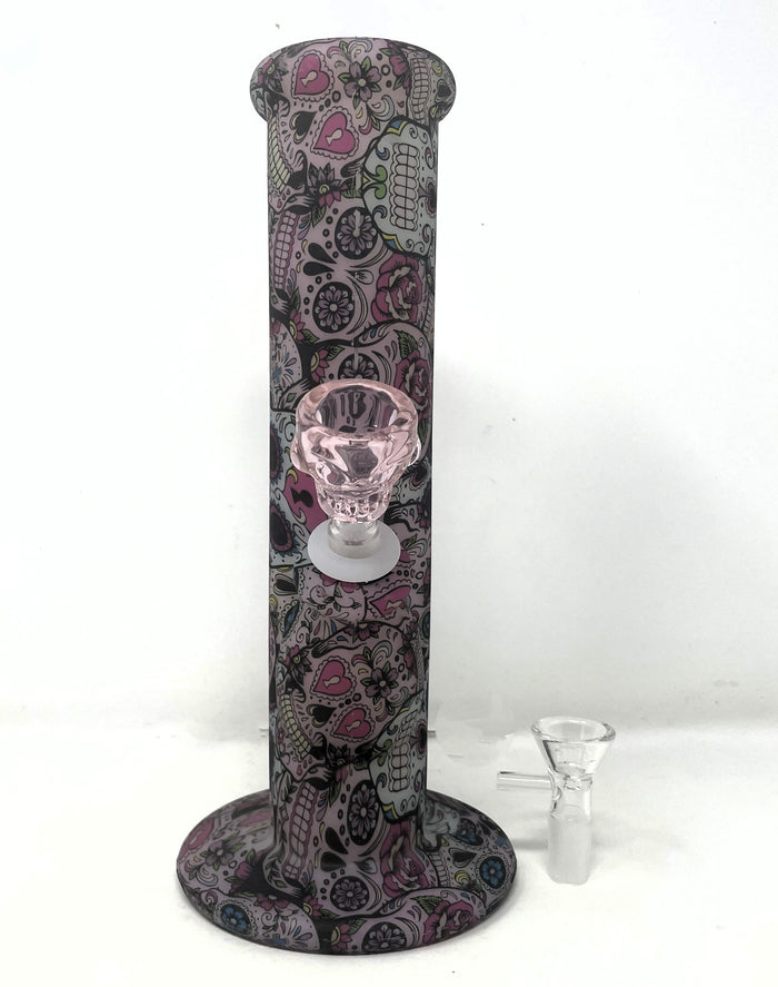 10" Straight Glow in the dark Silicone Bong with Pink glass Skull Bowl