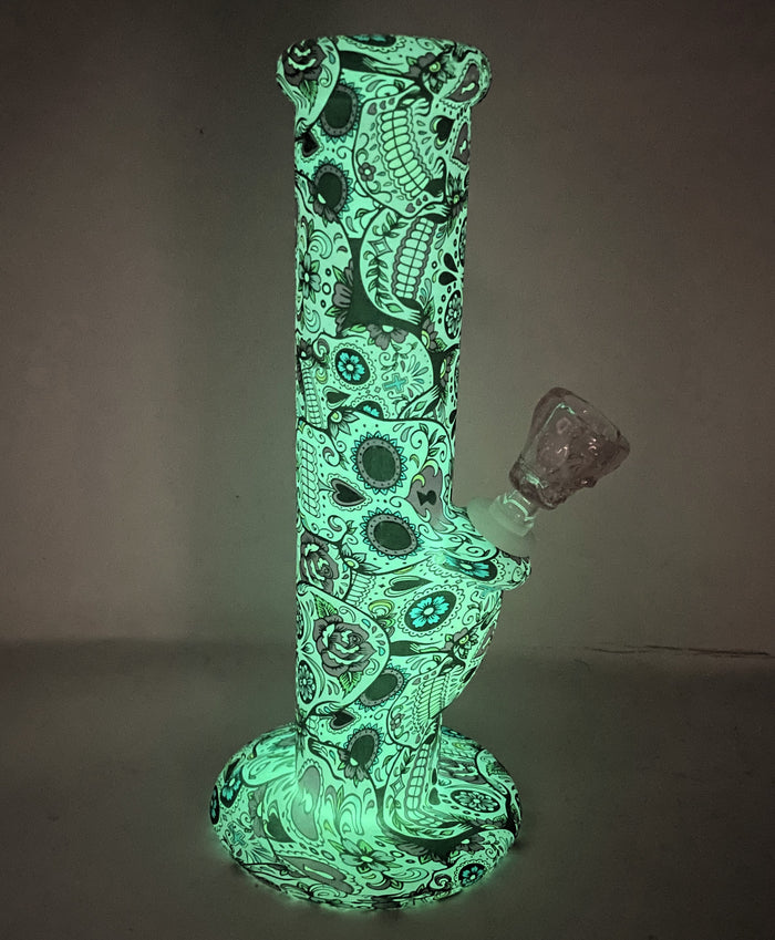 10" Straight Glow in the dark Silicone Bong with Pink glass Skull Bowl