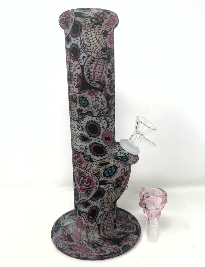 10" Straight Glow in the dark Silicone Bong with Pink glass Skull Bowl