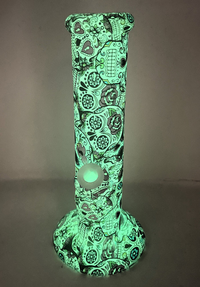 10" Straight Glow in the dark Silicone Bong with Pink glass Skull Bowl