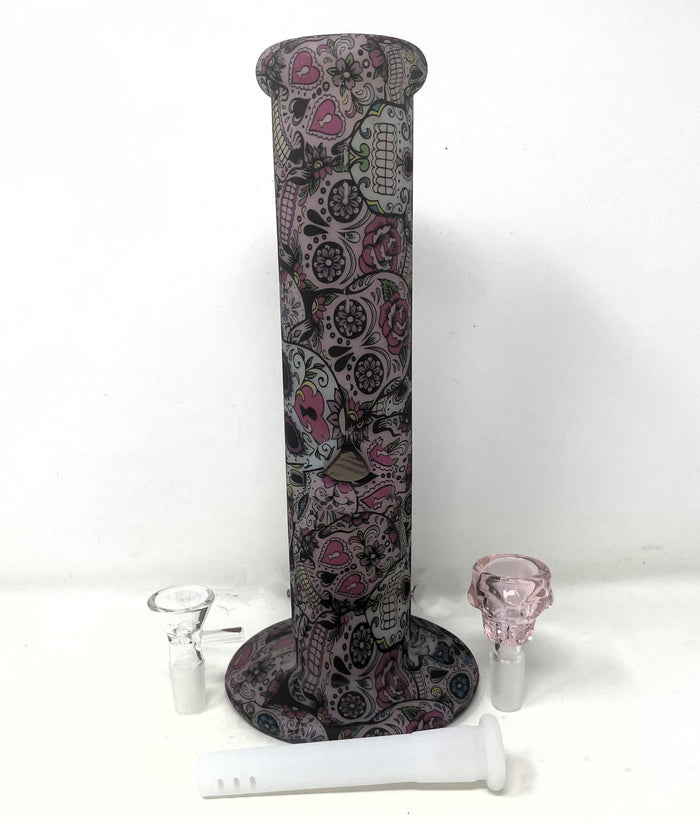 10" Straight Glow in the dark Silicone Bong with Pink glass Skull Bowl