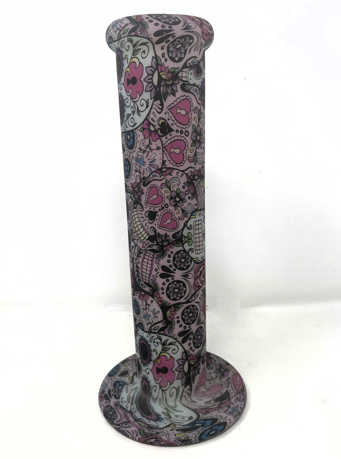 10" Straight Glow in the dark Silicone Bong with Pink glass Skull Bowl