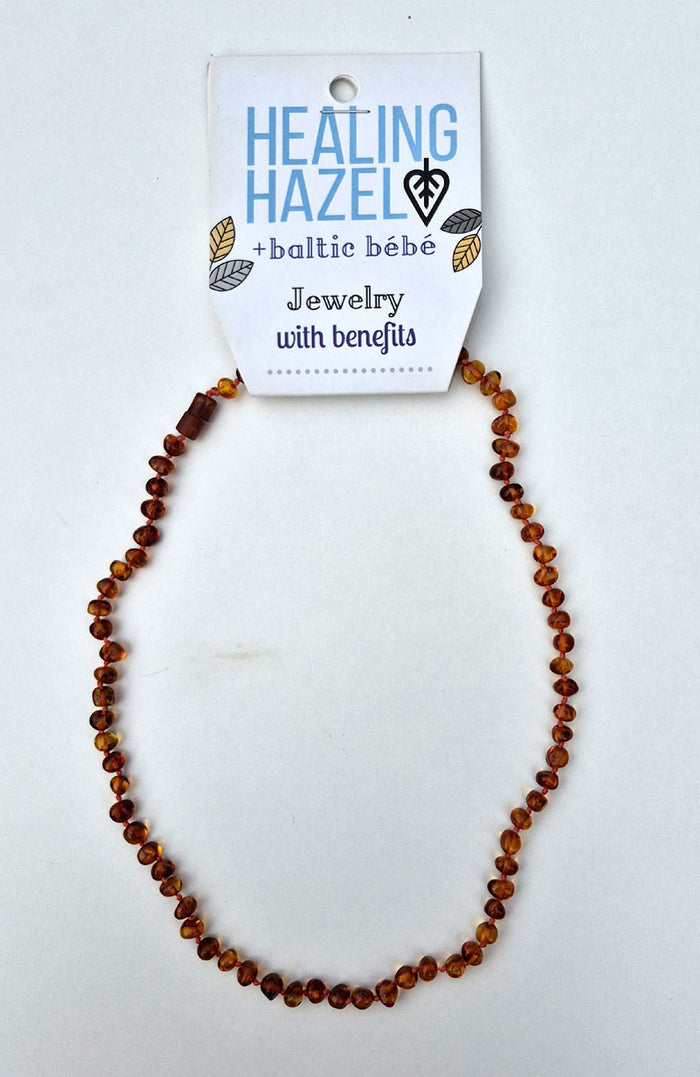 Handmade with 100% certified cognac coloured Baltic amber. Each amber bead is individually knotted into place to secure the beads and for safety in the event of breakage.