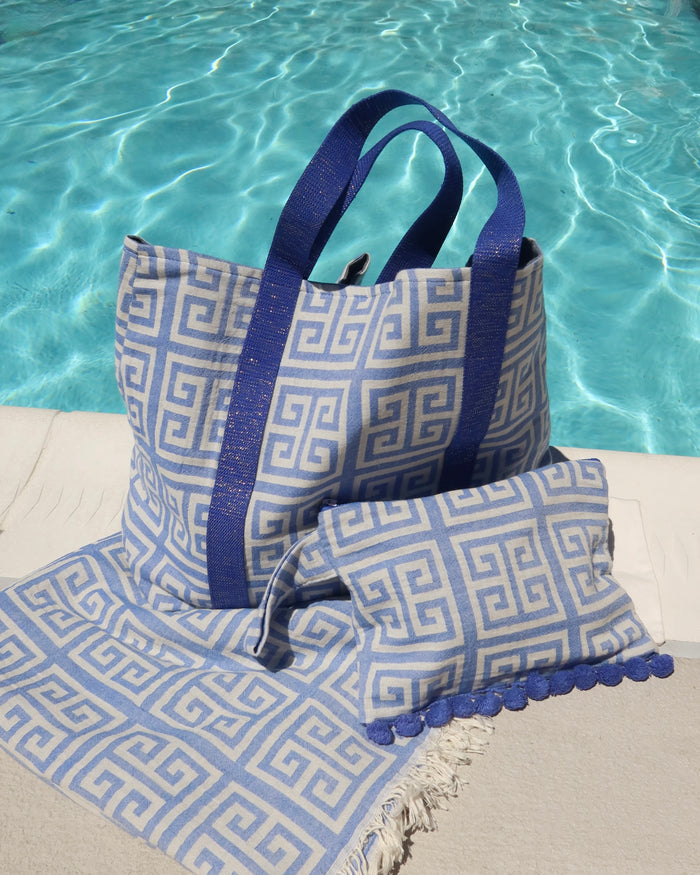 100% Cotton Towel/Scarf - Blue Greek Key Print