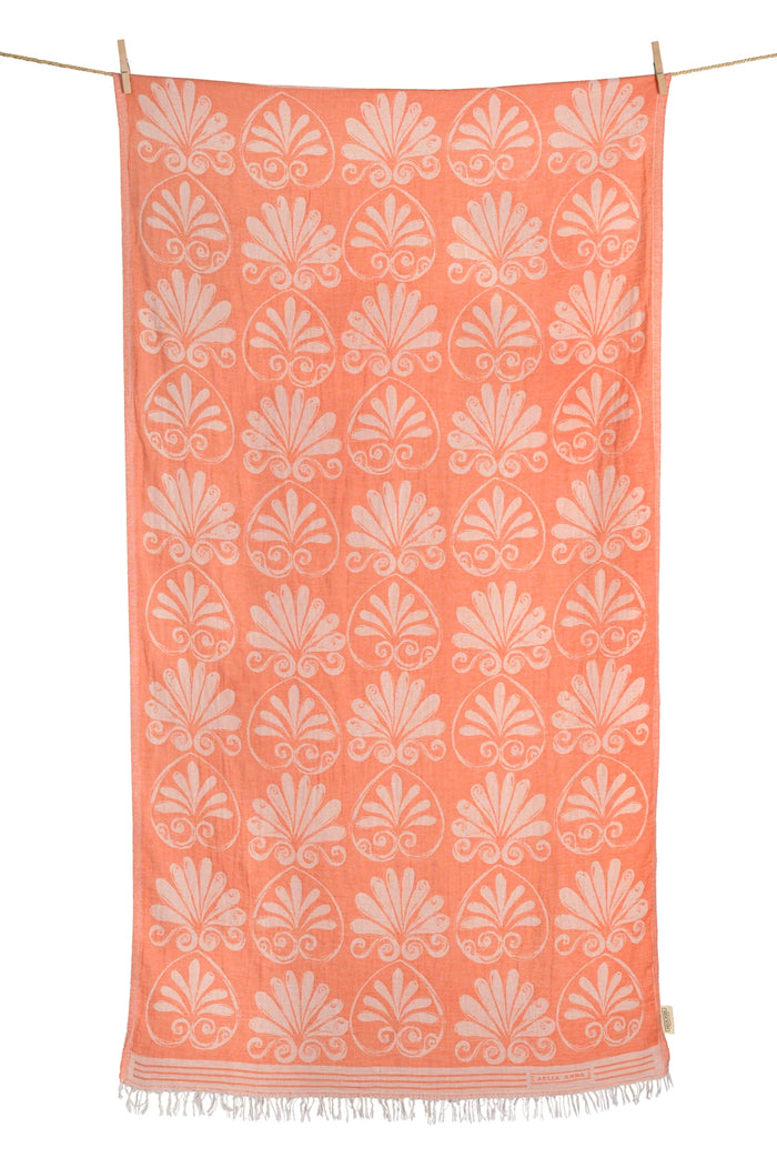 Coral towel with Anthemion pattern hanging on a line, Greek cotton towel/scarf