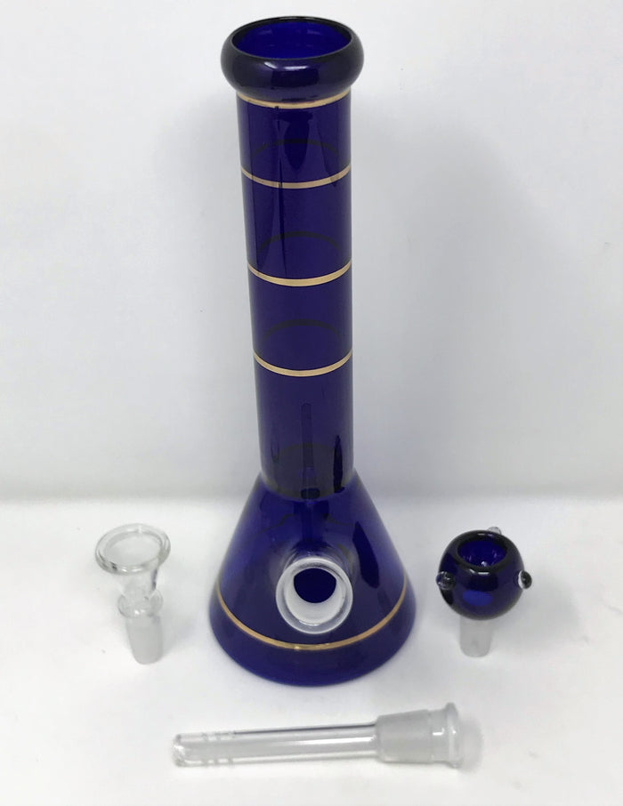10"Glass Beaker Bong w/Ring Design & 2 - 14mm Bowls - Sapphire & Gold