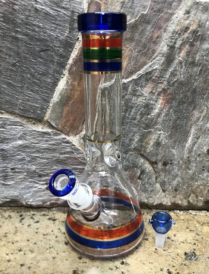 13" Beautiful Color Rings, Beaker Bong Thick Glass w/Ice Catchers & 2 - 14mm Bowls - Cobalt Rainbow
