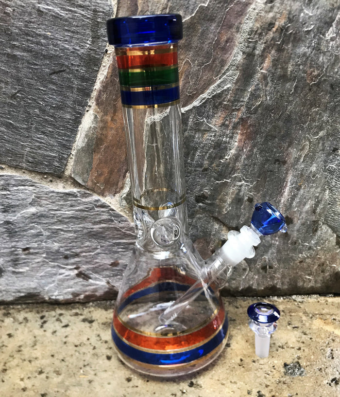 13" Beautiful Color Rings, Beaker Bong Thick Glass w/Ice Catchers & 2 - 14mm Bowls - Cobalt Rainbow