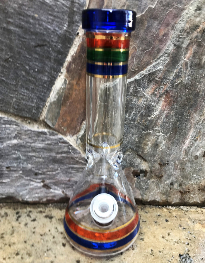 13" Beautiful Color Rings, Beaker Bong Thick Glass w/Ice Catchers & 2 - 14mm Bowls - Cobalt Rainbow
