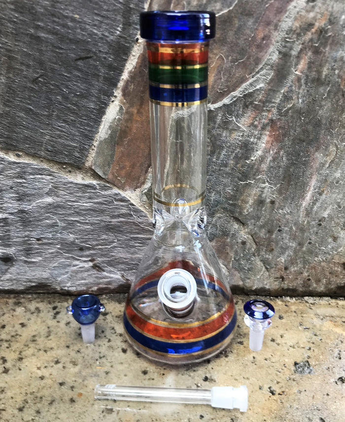 13" Beautiful Color Rings, Beaker Bong Thick Glass w/Ice Catchers & 2 - 14mm Bowls - Cobalt Rainbow