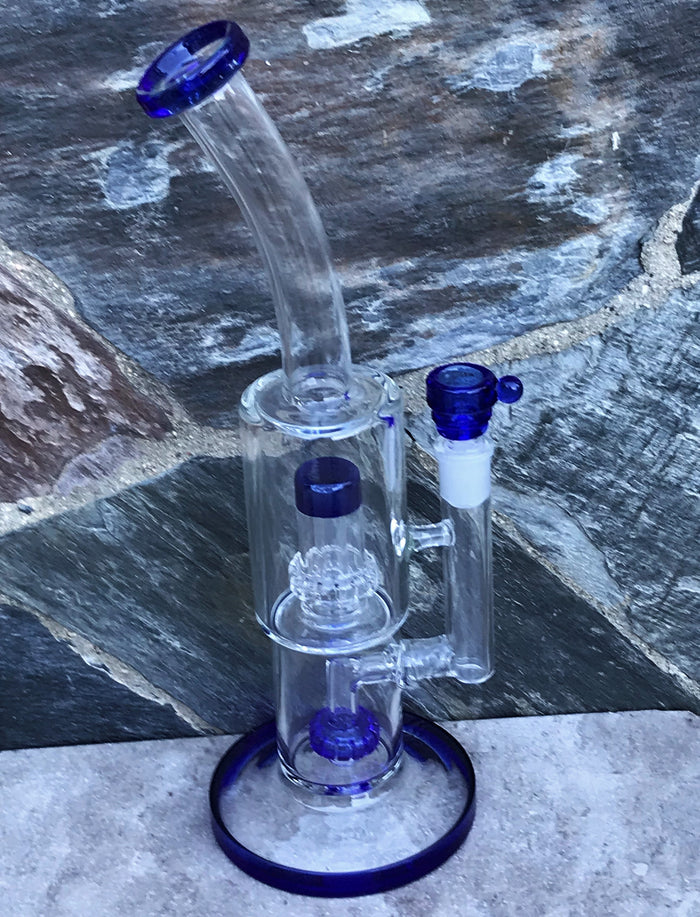 13" Thick Glass Rig Double Shower & Dome Perc w/14mm Male Bowl - Azure Blue