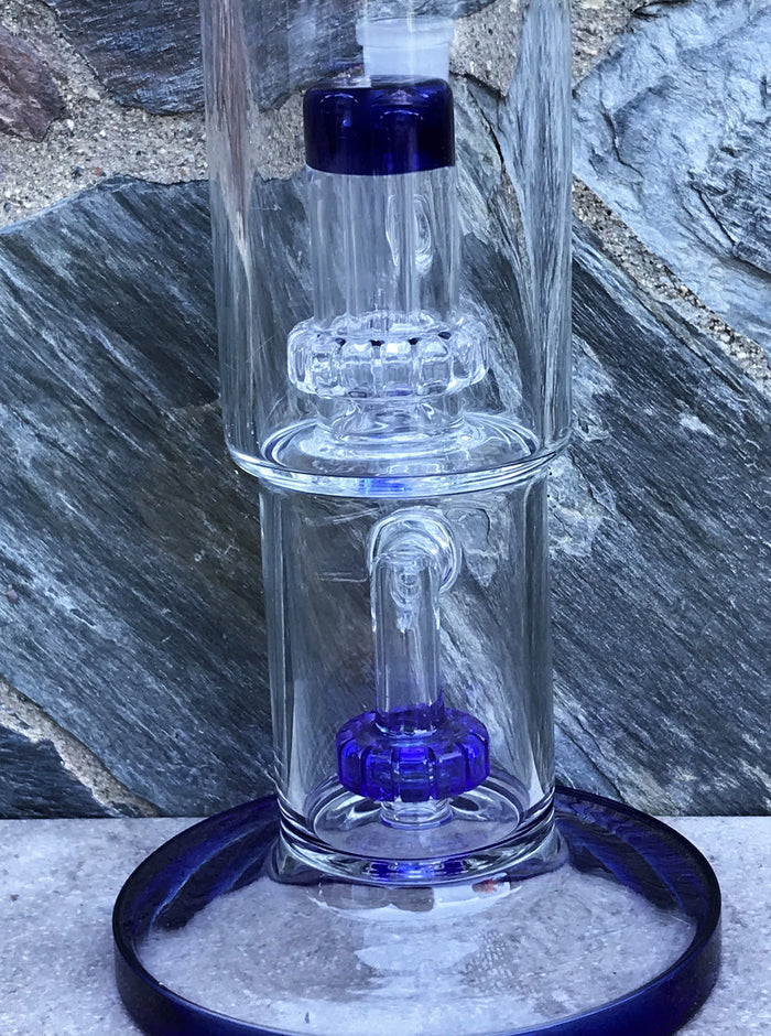 13" Thick Glass Rig Double Shower & Dome Perc w/14mm Male Bowl - Azure Blue