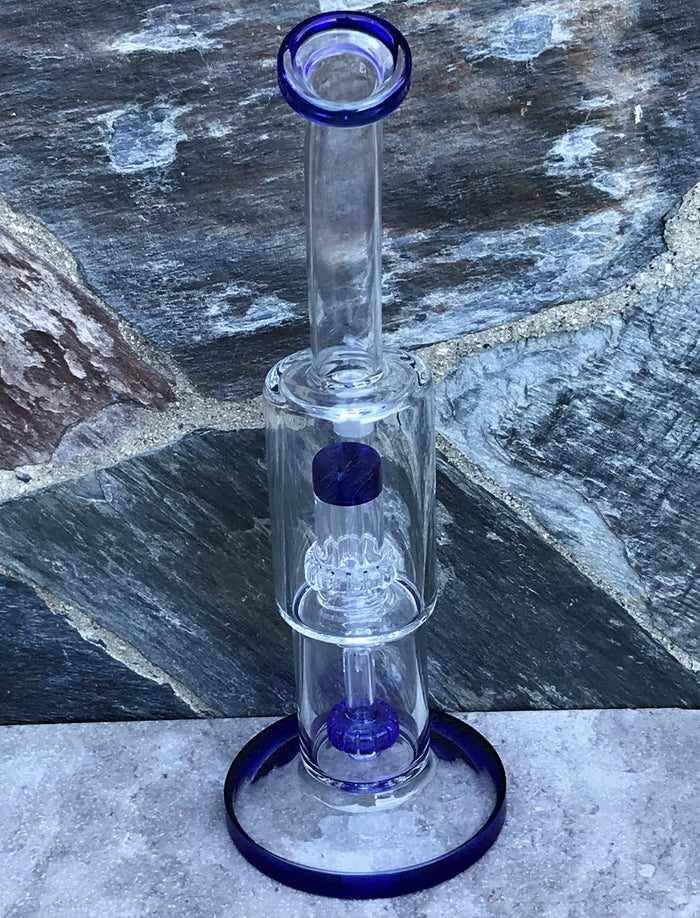 13" Thick Glass Rig Double Shower & Dome Perc w/14mm Male Bowl - Azure Blue
