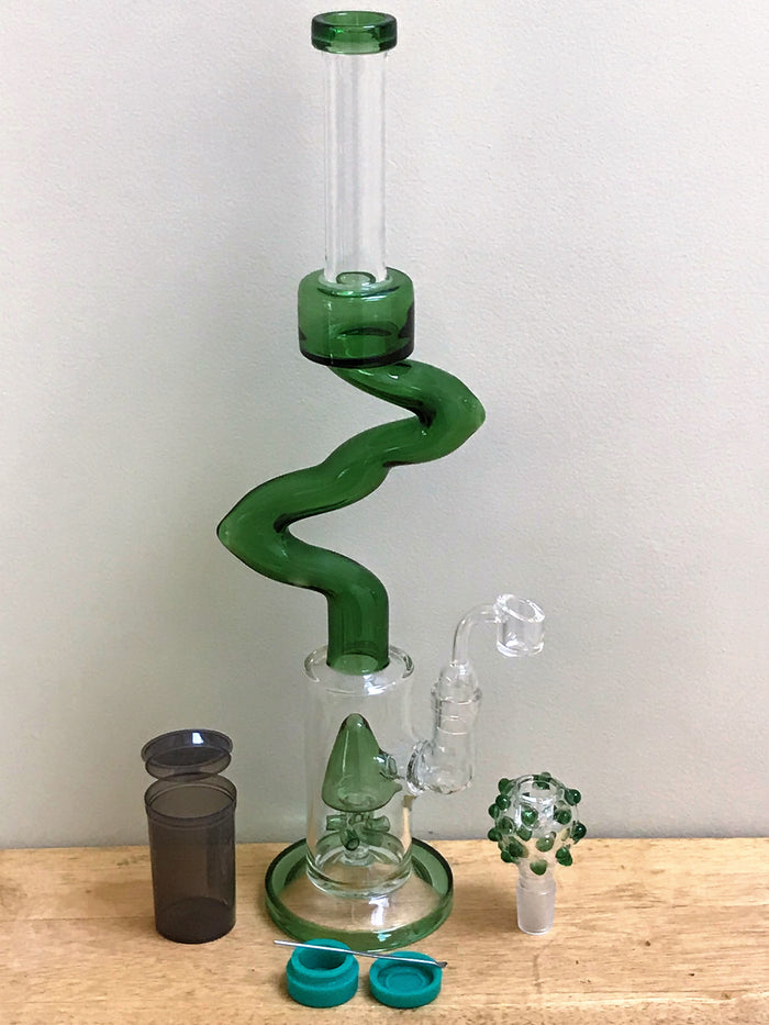 16" Double Zong, Thick Glass Water Rig with Quartz Banger, Slide Bowl, Pop Top Container & Xtras - Mean Green Zong