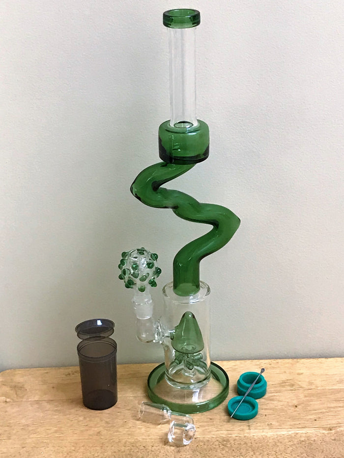 16" Double Zong, Thick Glass Water Rig with Quartz Banger, Slide Bowl, Pop Top Container & Xtras - Mean Green Zong