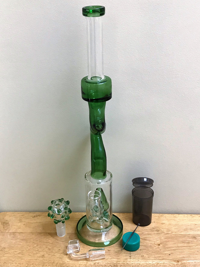 16" Double Zong, Thick Glass Water Rig with Quartz Banger, Slide Bowl, Pop Top Container & Xtras - Mean Green Zong