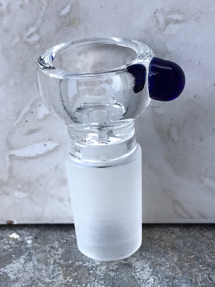 18mm Male Thick Glass, Clear Herb Bowl w/One Blue Notch