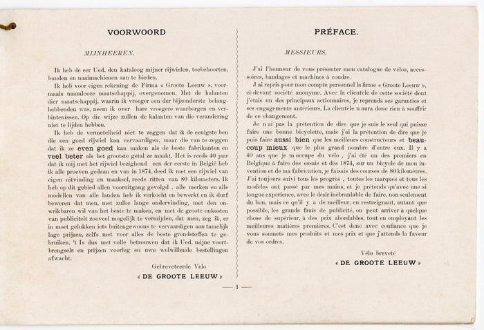 1914 Edwardian De Groote Leeuw European Paper Bicycle Catalog
