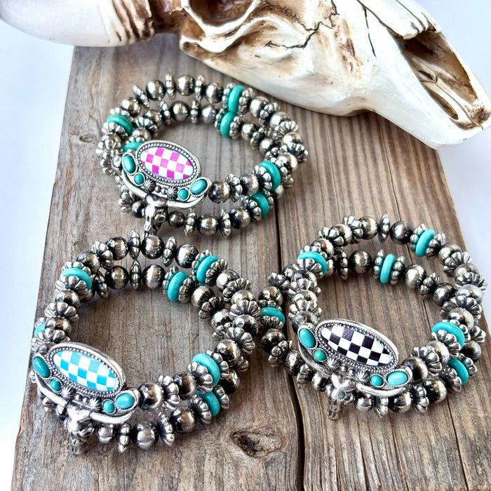 2 Layered Western Steerhead Checker Stretch Bracelet - 260 Broadway Boutique
