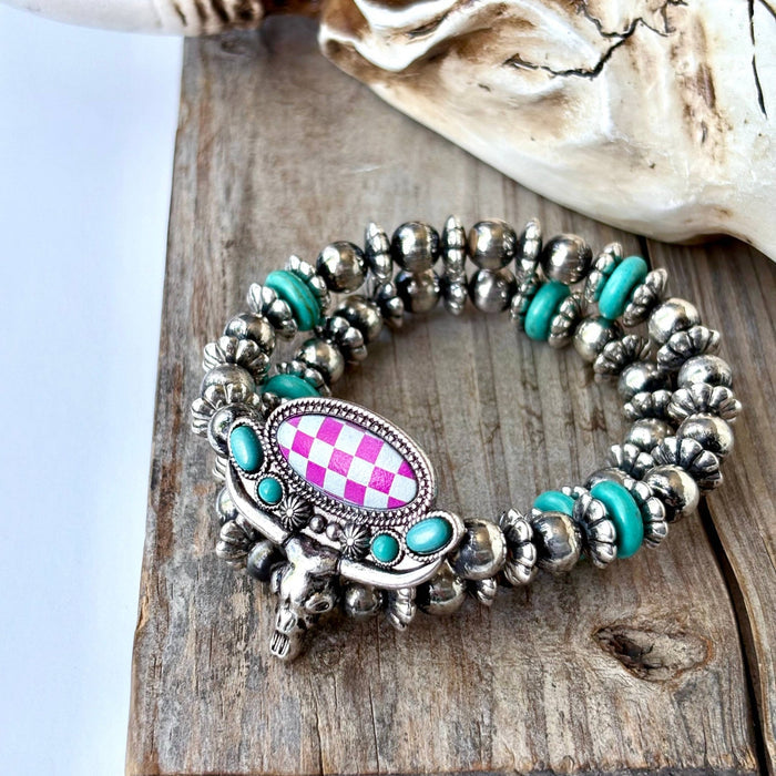 2 Layered Western Steerhead Checker Stretch Bracelet - 260 Broadway Boutique