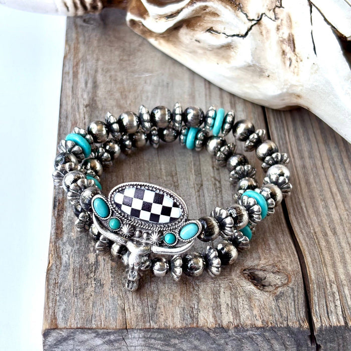 2 Layered Western Steerhead Checker Stretch Bracelet - 260 Broadway Boutique
