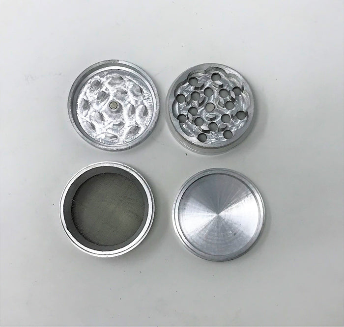 2'' Spice Herb Grinder with Pollen Catcher Metal 4 Part Grinder - Silver