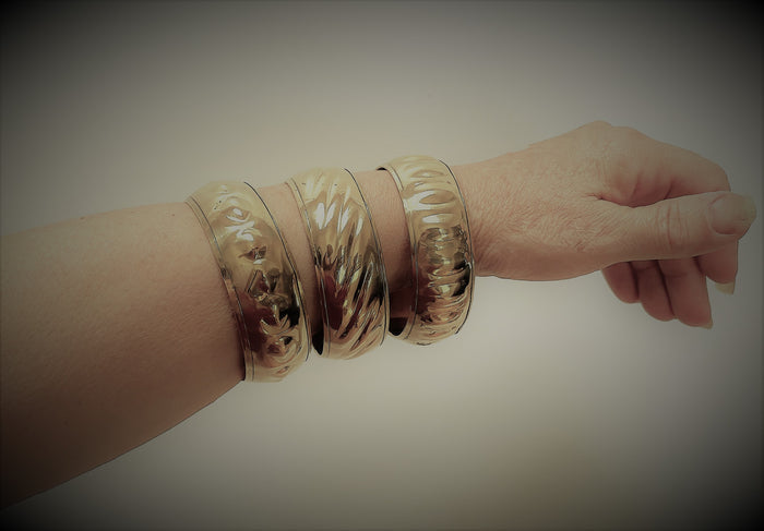 3 - Costume Brass Embossed Design Bangle Wide Bracelets + 1 FREE