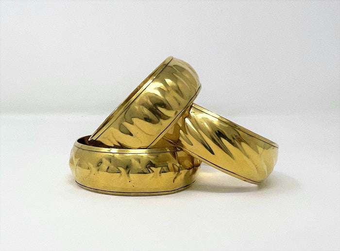 3 - Costume Brass Embossed Design Bangle Wide Bracelets + 1 FREE