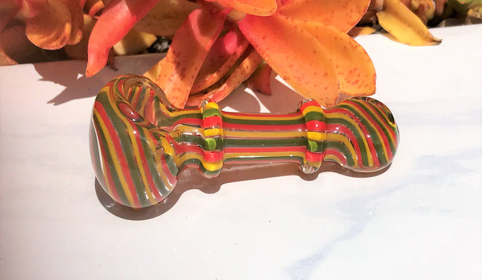 4" Thick Glass Spoon/Hand Pipe Herb Bowl - Gold, Green, Red Swirl