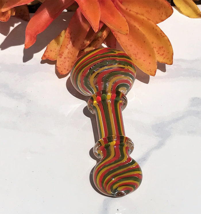 4" Thick Glass Spoon/Hand Pipe Herb Bowl - Gold, Green, Red Swirl