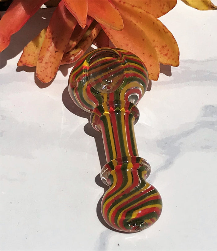 4" Thick Glass Spoon/Hand Pipe Herb Bowl - Gold, Green, Red Swirl