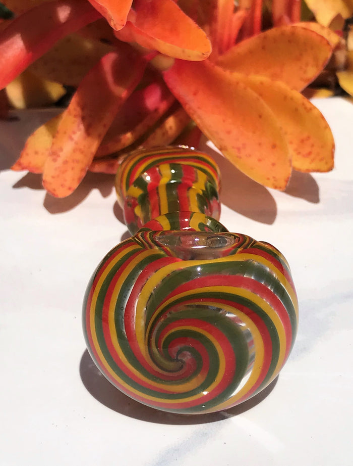 4" Thick Glass Spoon/Hand Pipe Herb Bowl - Gold, Green, Red Swirl