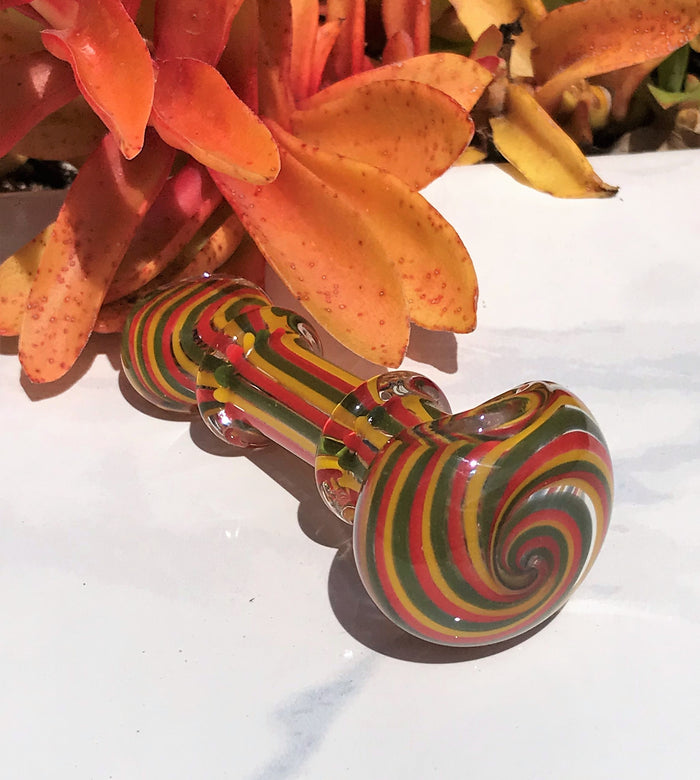 4" Thick Glass Spoon/Hand Pipe Herb Bowl - Gold, Green, Red Swirl