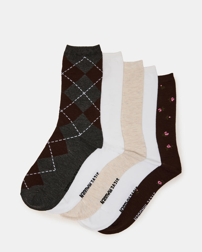5 PACK ARGYLE DITSY FLORAL Charcoal Multi Women's Crew Socks | Steve Madden
