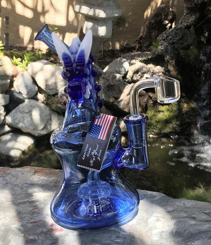 7" Collectible American Glass Dab Rig w/Shower Perc & Quartz Banger - Blue Dragon