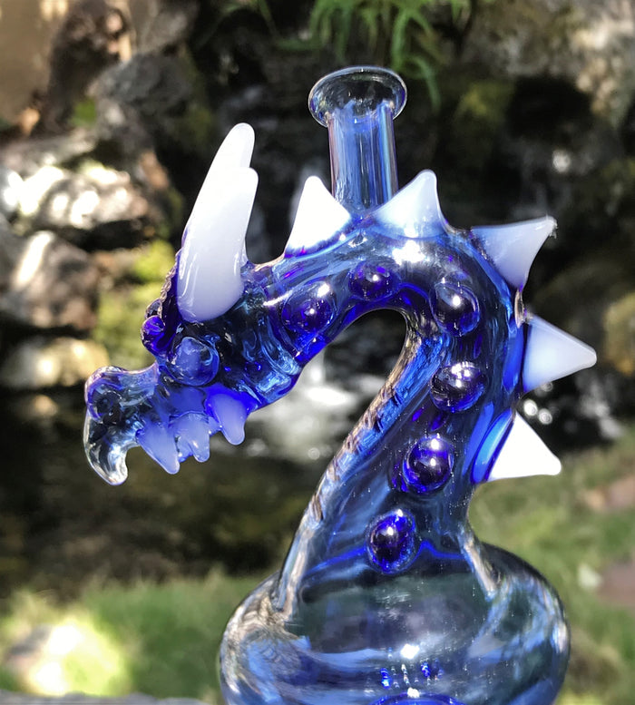 7" Collectible American Glass Dab Rig w/Shower Perc & Quartz Banger - Blue Dragon