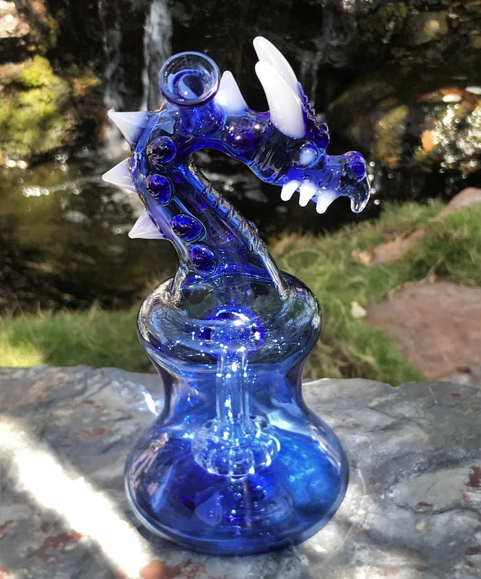 7" Collectible American Glass Dab Rig w/Shower Perc & Quartz Banger - Blue Dragon