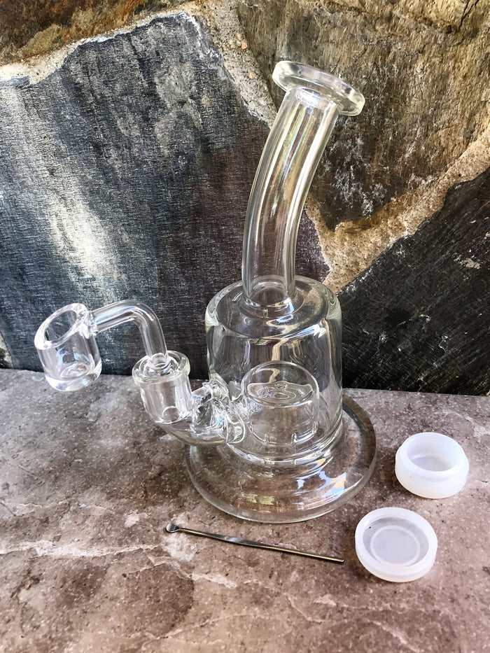 7" Thick Glass Rig Dome Perc w/14mm Quartz Banger, Tool & Container - All Clear