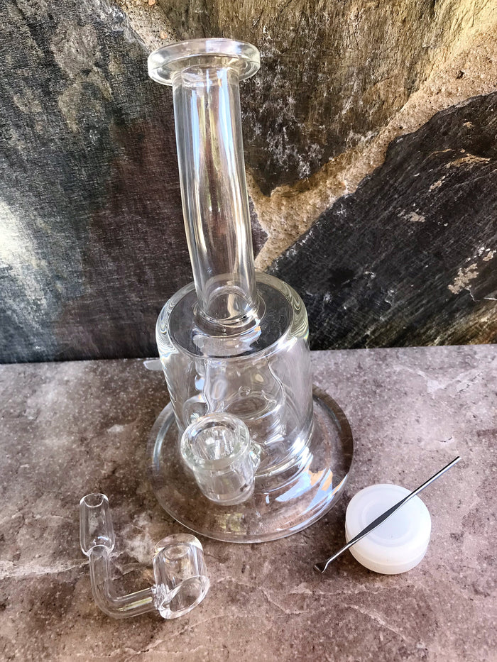 7" Thick Glass Rig Dome Perc w/14mm Quartz Banger, Tool & Container - All Clear