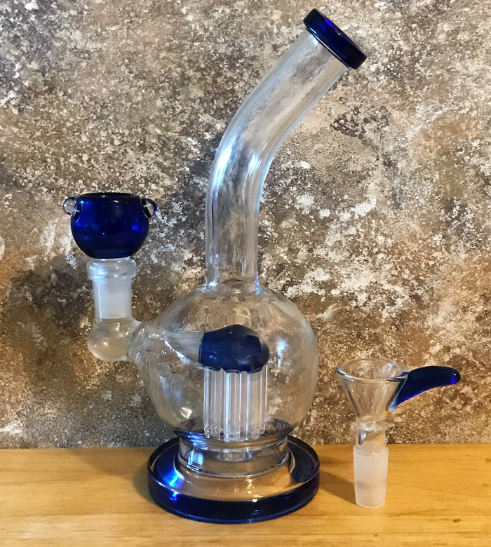 8" Bent Neck Glass Bong Rig + 6 Arm Tree Perc & 2- 14mm Male Slide Bowls - Blue Midnight