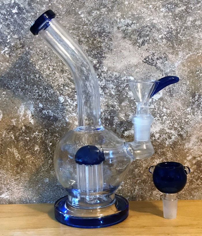 8" Bent Neck Glass Bong Rig + 6 Arm Tree Perc & 2- 14mm Male Slide Bowls - Blue Midnight
