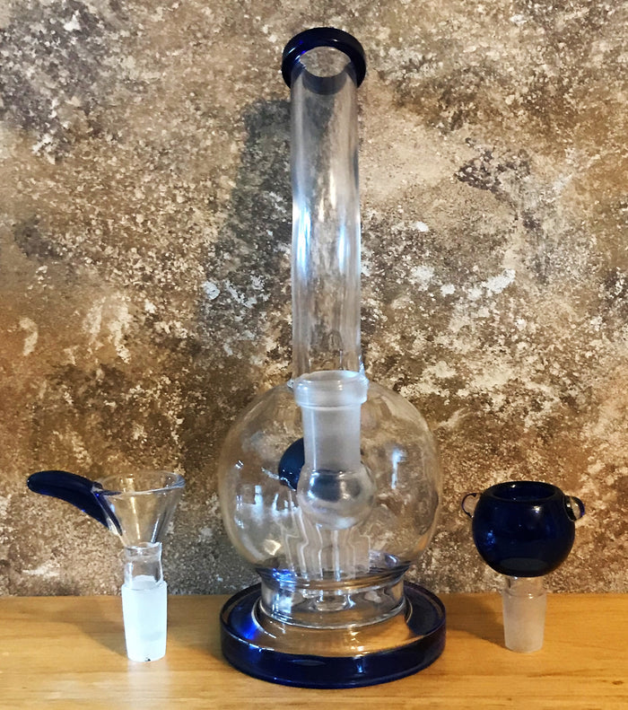 8" Bent Neck Glass Bong Rig + 6 Arm Tree Perc & 2- 14mm Male Slide Bowls - Blue Midnight