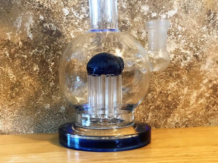 8" Bent Neck Glass Bong Rig + 6 Arm Tree Perc & 2- 14mm Male Slide Bowls - Blue Midnight