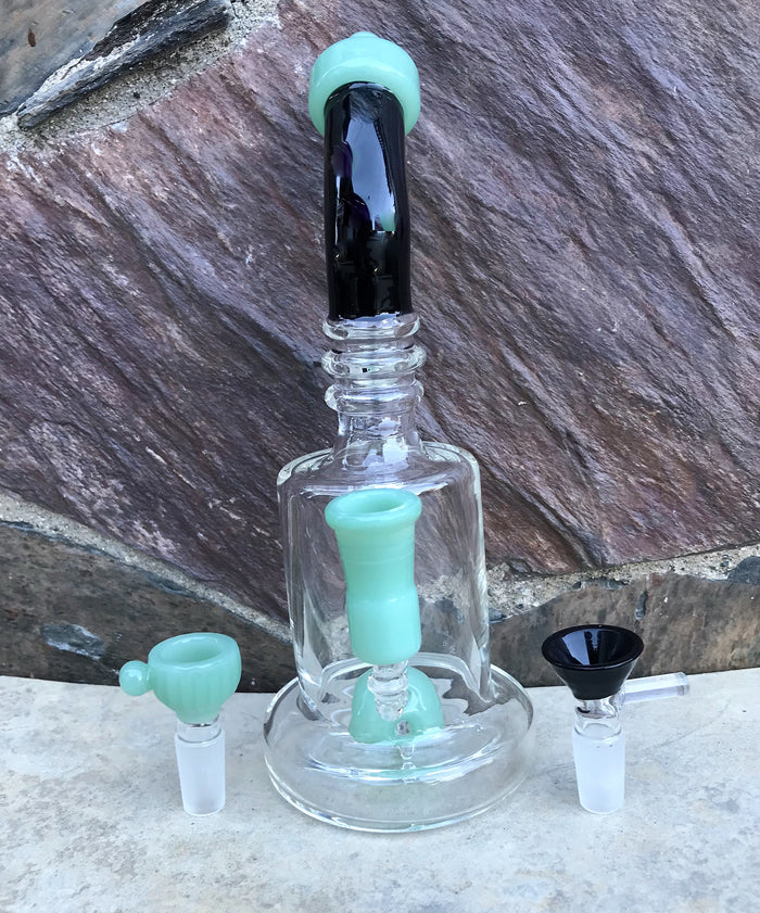 8.5" Colored Neck Thick Glass Rig Shower Perc 2 - 14mm Male Bowls