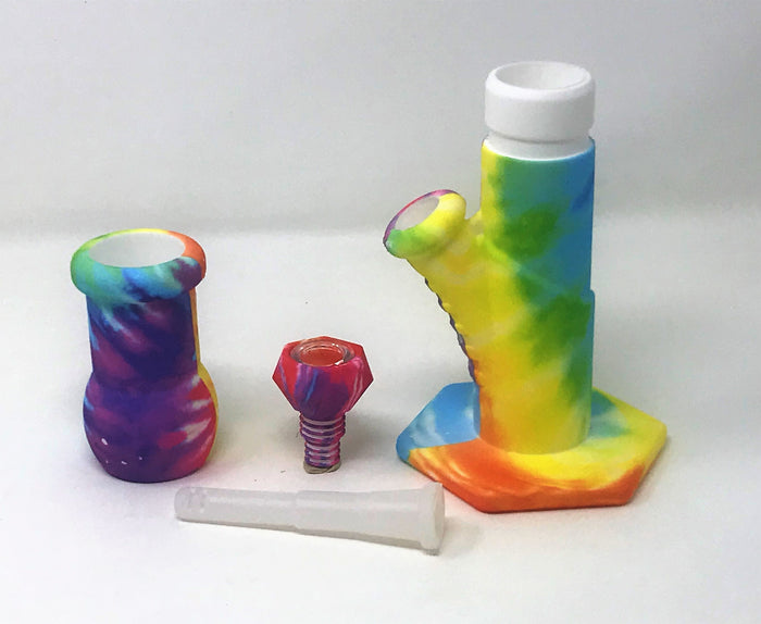 9" Tie Dye Rainbow Thick Silicone Detachable & Unbreakable Bong includes 14mm/18mm Dual Use Bowl