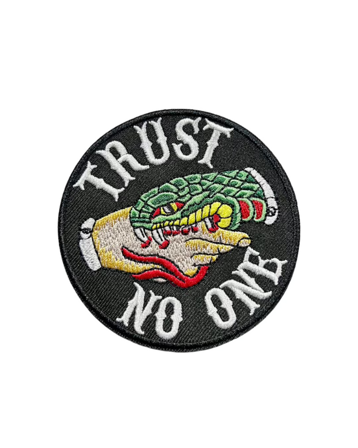 Trust No one embroidered iron on patch sold by Le Monkey House