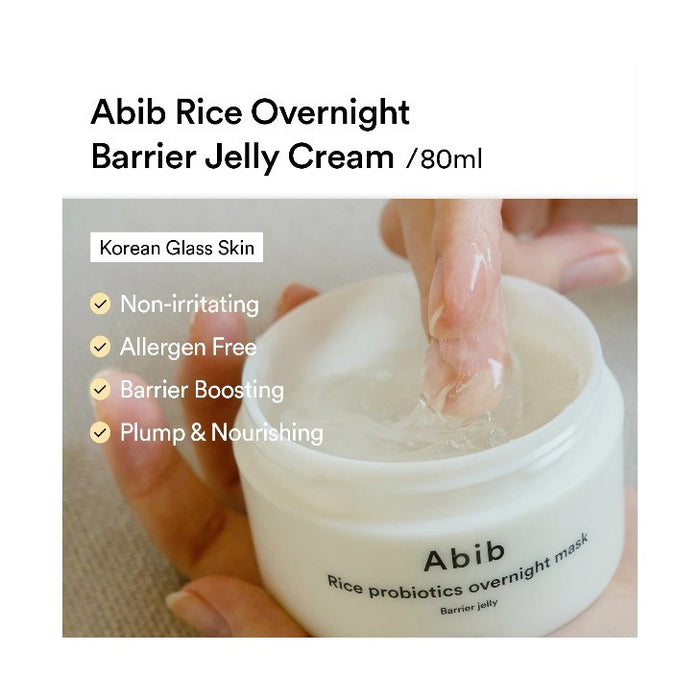 A white jar labeled "ABIB - RICE PROBIOTICS OVERNIGHT MASK BARRIER JELLY 80ML" from ASIAN BEAUTY WHOLESALE, shown on a plain white background; this hydrating sleep mask provides overnight moisture and probiotics for your skin.