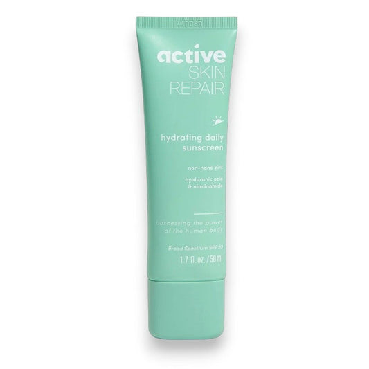 ACTIVE SKIN REPAIR - HYDRATING DAILY SUNSCREEN is a light green tube mineral sunscreen with non-nano zinc, hyaluronic acid, niacinamide, and SPF 50. It offers 1.7 fl oz (50 mL) of broad-spectrum daily protection.